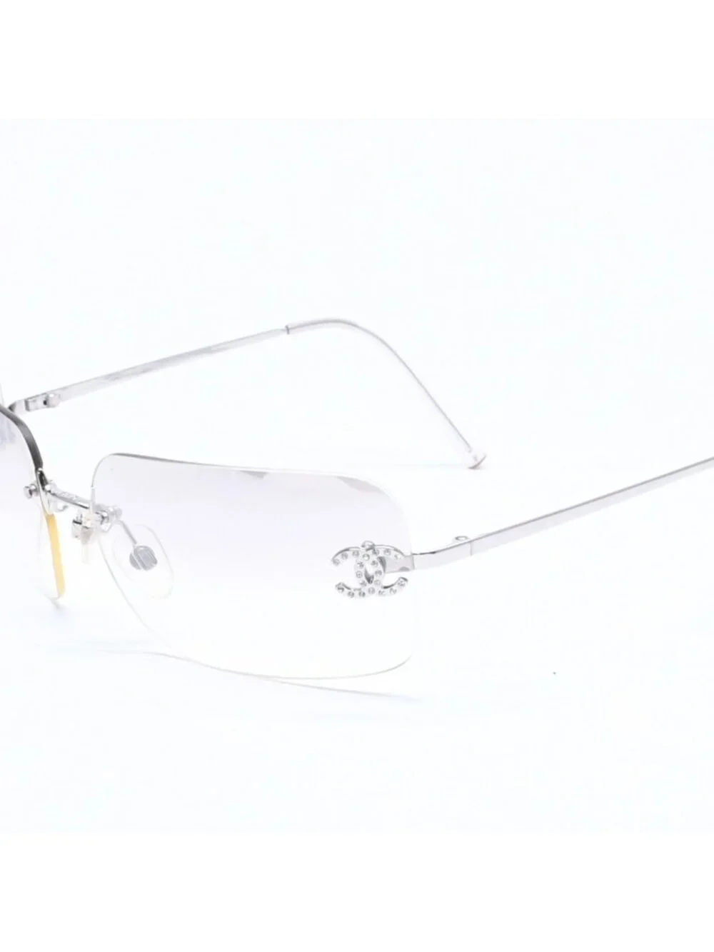 Chanel Rimless Sunglasses CC Logo Rhinestone Gray Gradation Lens Silver Eyewear